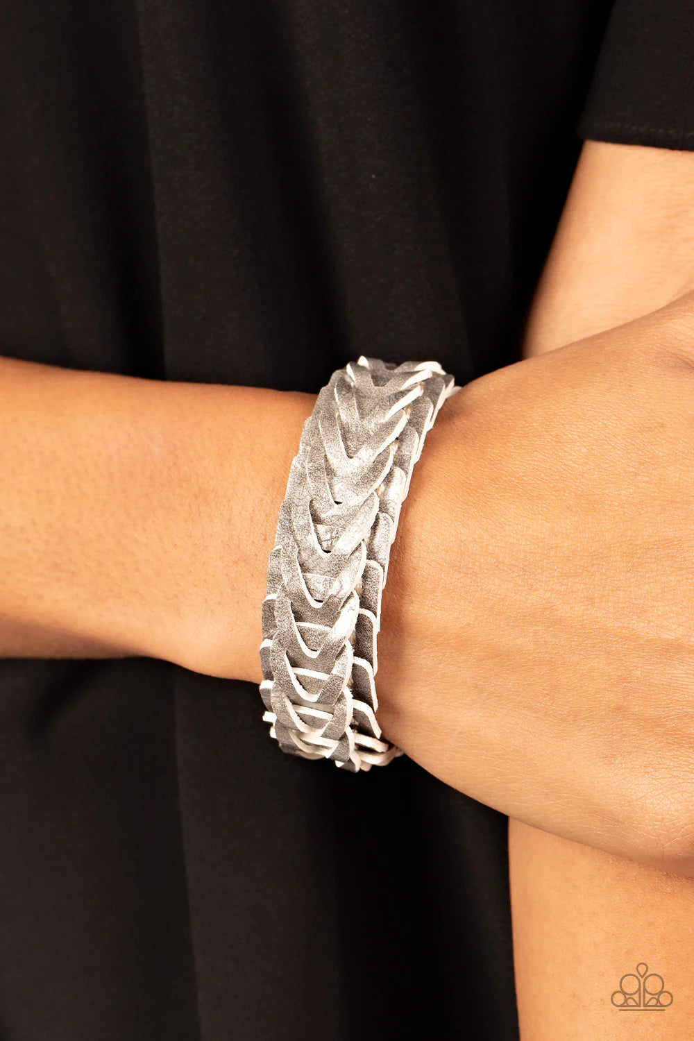 Paparazzi Accessories Western Nomad - Silver Overlapping gray leather frames delicately interlock into a rustic pattern around the wrist for a seasonal fashion. Features an adjustable snap closure. Sold as one individual bracelet. Jewelry