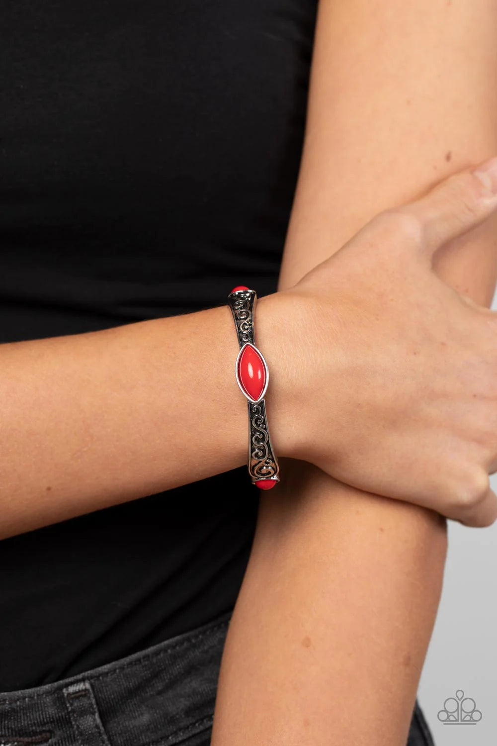 Paparazzi Accessories Veranda Variety - Red Dotted with round and marquise red beads, antiqued silver frames that are embossed in a vine-like motif are threaded along stretchy bands around the wrist for a colorful pop of seasonal inspiration. Sold as one