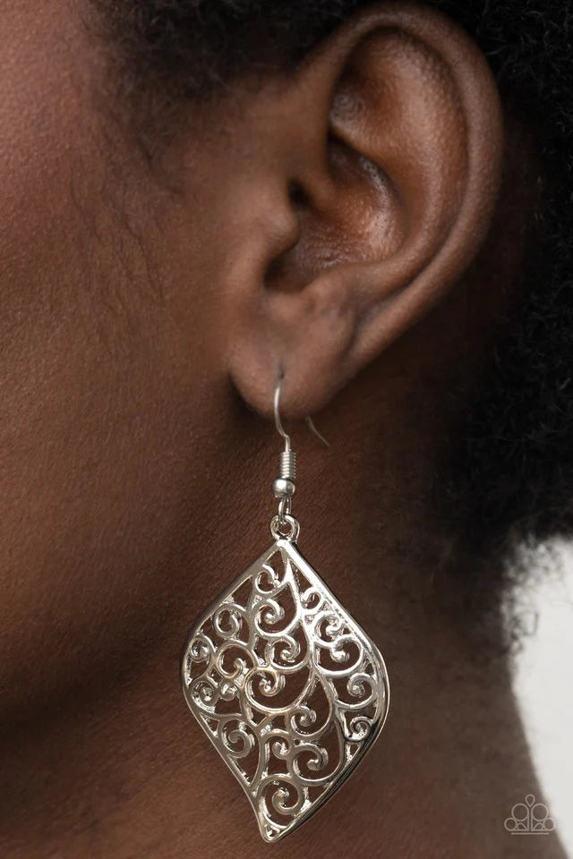 Paparazzi Accessories Your Vine of Mine - Silver Silver floral filigree vines permeate a refreshing leaf-shaped frame, creating a romantically idyllic lure. Earring attaches to a standard fishhook fitting. Jewelry