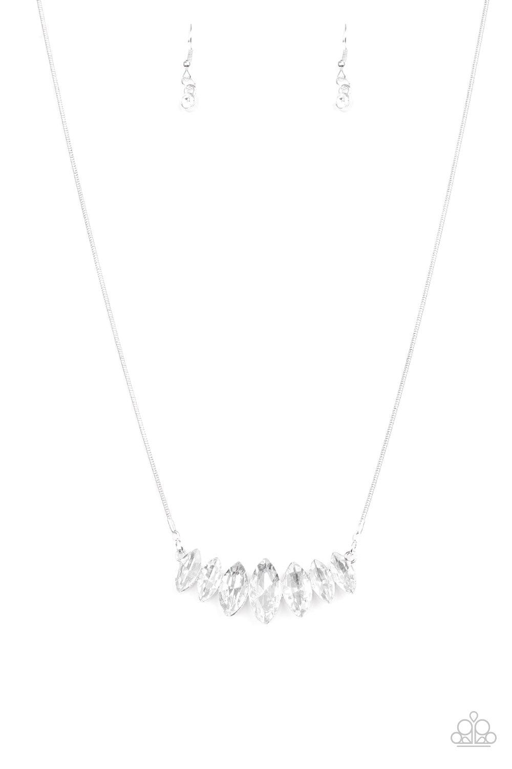 Paparazzi Accessories Leading Lady - White Gradually increasing in size near the center, glittery white marquise shaped gems link below the collar for a dramatic look. Features an adjustable clasp closure. Sold as one individual necklace. Includes one pai