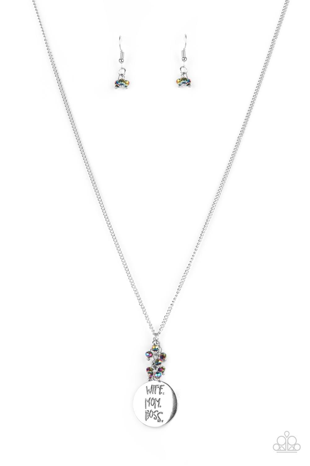 Paparazzi Accessories Words To Live By - Multi A silver disc inscribed with the words, "Wife. Mom. Boss." creates a stylish namesake as it falls from a lengthened silver chain. A sprinkle of dainty iridescent oil spill beads adds a decorative fringe atop