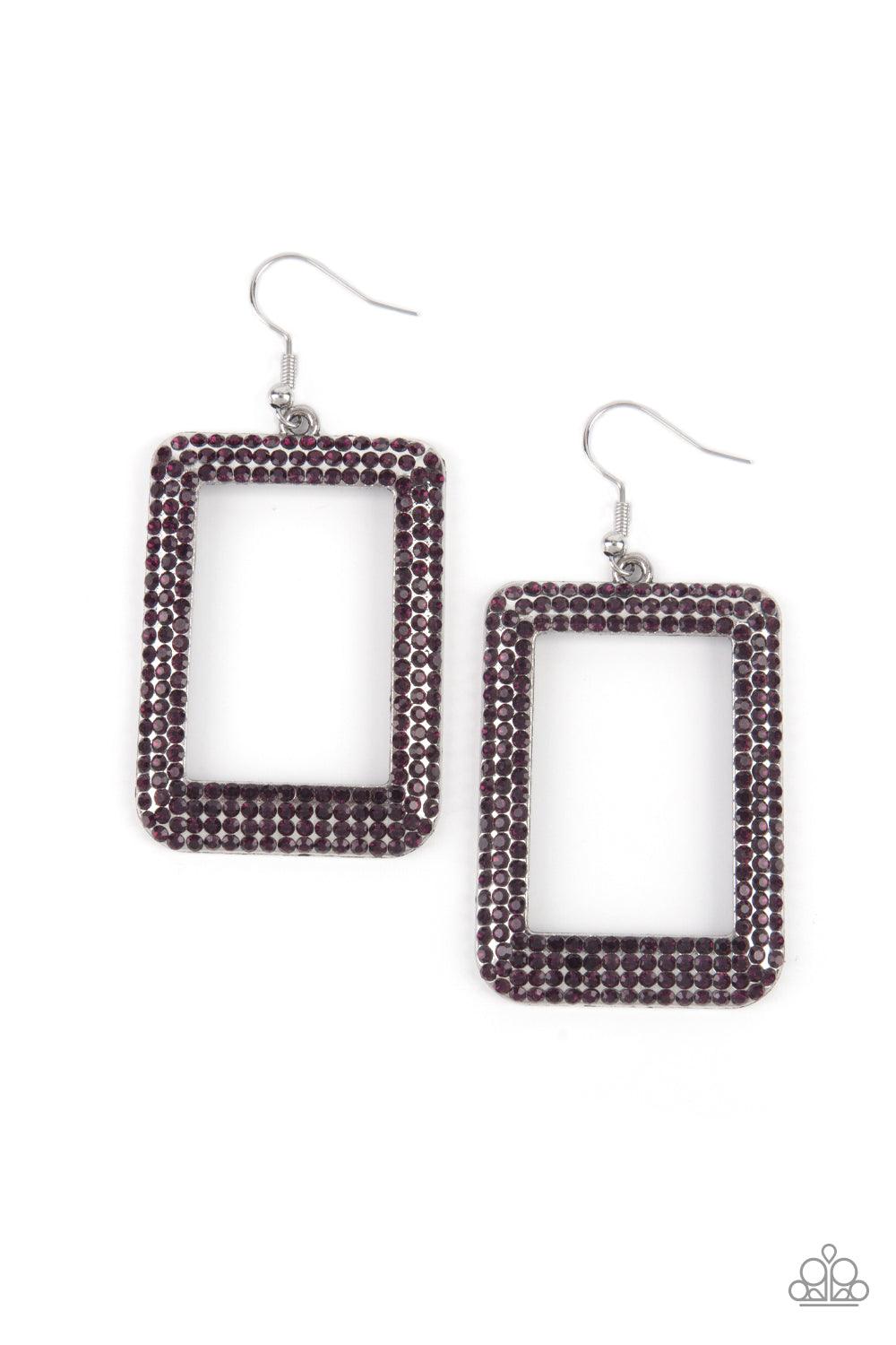 Paparazzi Accessories World FRAME-ous - Purple Bordered in rows of glittery purple rhinestones, an oversized silver rectangular frame swings from the ear for a fashionable finish. Earring attaches to a standard fishhook fitting. Sold as one pair of earrin