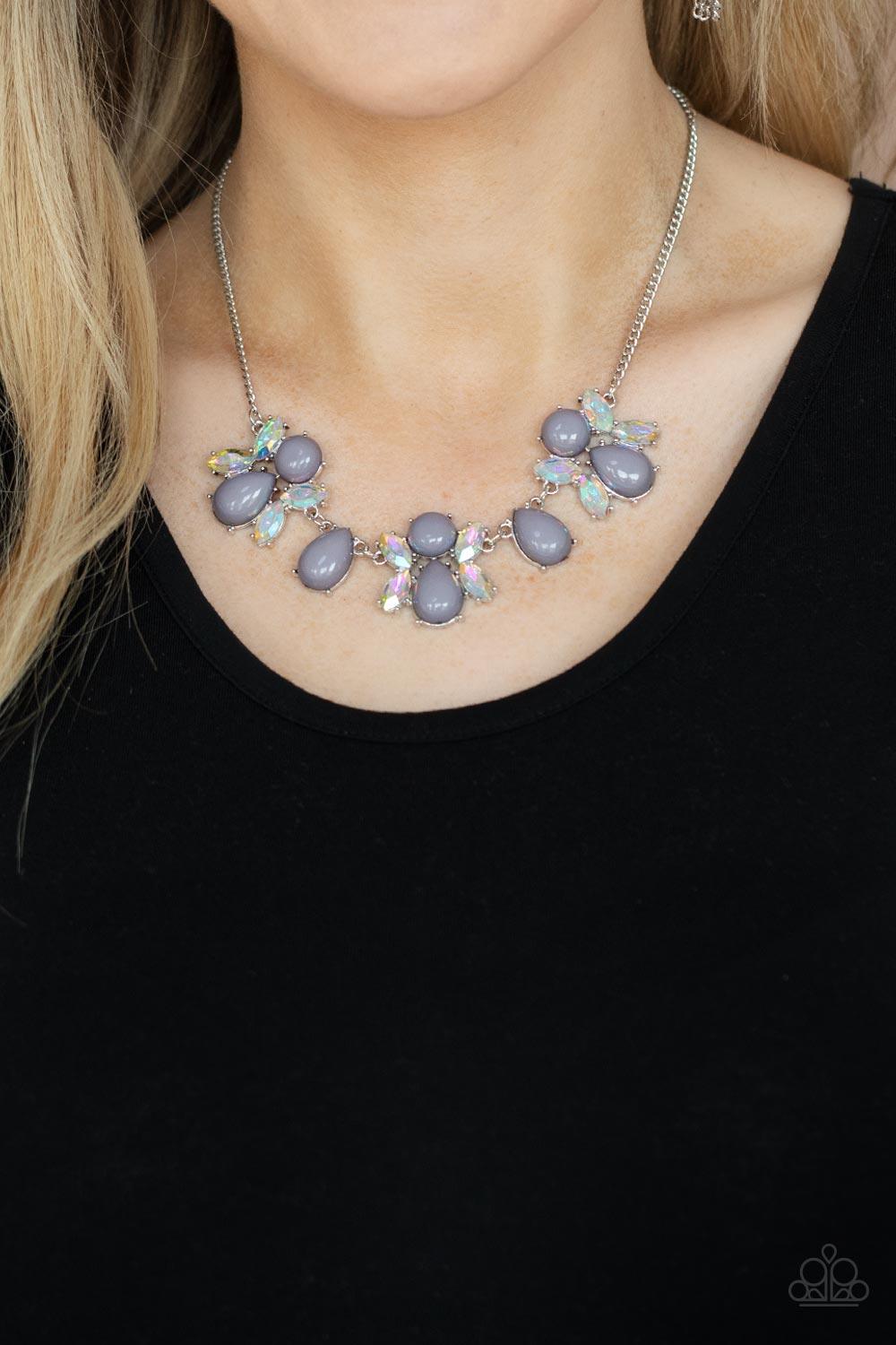 Paparazzi Accessories Galaxy Gallery - Silver A bubbly collection of round and teardrop Ultimate Gray beads coalesce with iridescent marquise cut rhinestones below the collar, creating a stellar centerpiece. Features an adjustable clasp closure. Sold as o