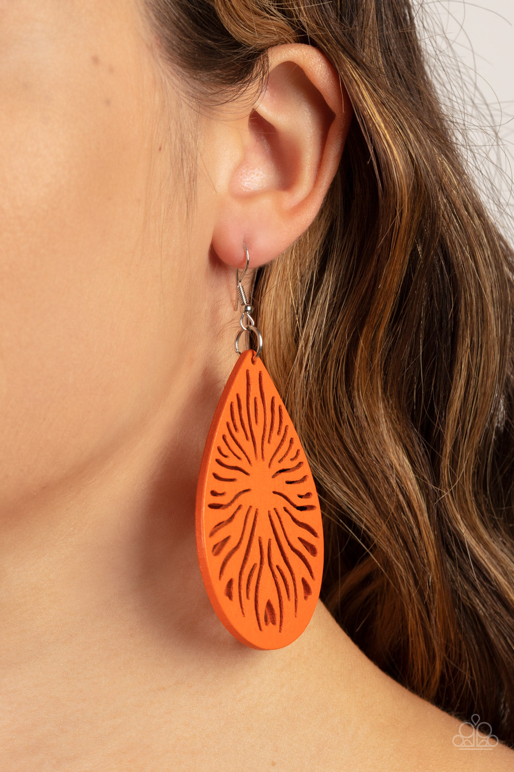 Paparazzi Accessories Sunny Incantations - Orange A whimsical sunburst pattern is cutout from an orange wooden teardrop, creating a simply seasonal frame. Earring attaches to a standard fishhook fitting. Sold as one pair of earrings. Jewelry