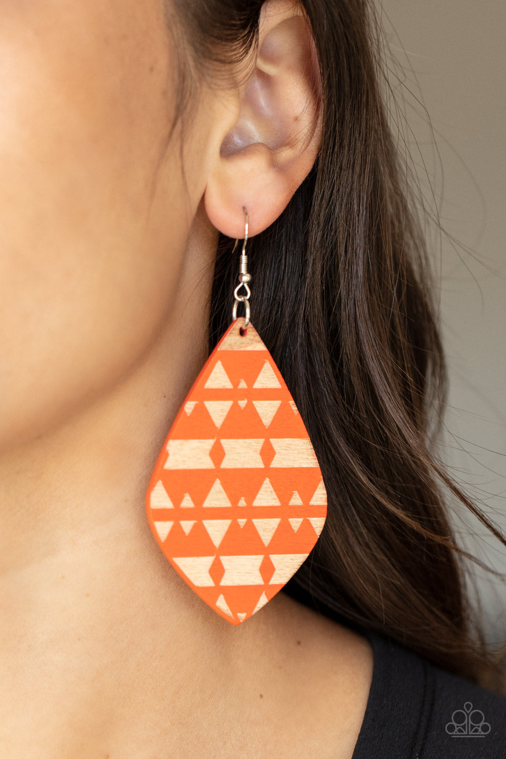 Paparazzi Accessories Zimbabwe Zoo - Orange An orange diamond shaped wooden frame is etched in a geometric tribal pattern, creating a vivacious display. Earring attaches to a standard fishhook fitting. Sold as one pair of earrings. Jewelry