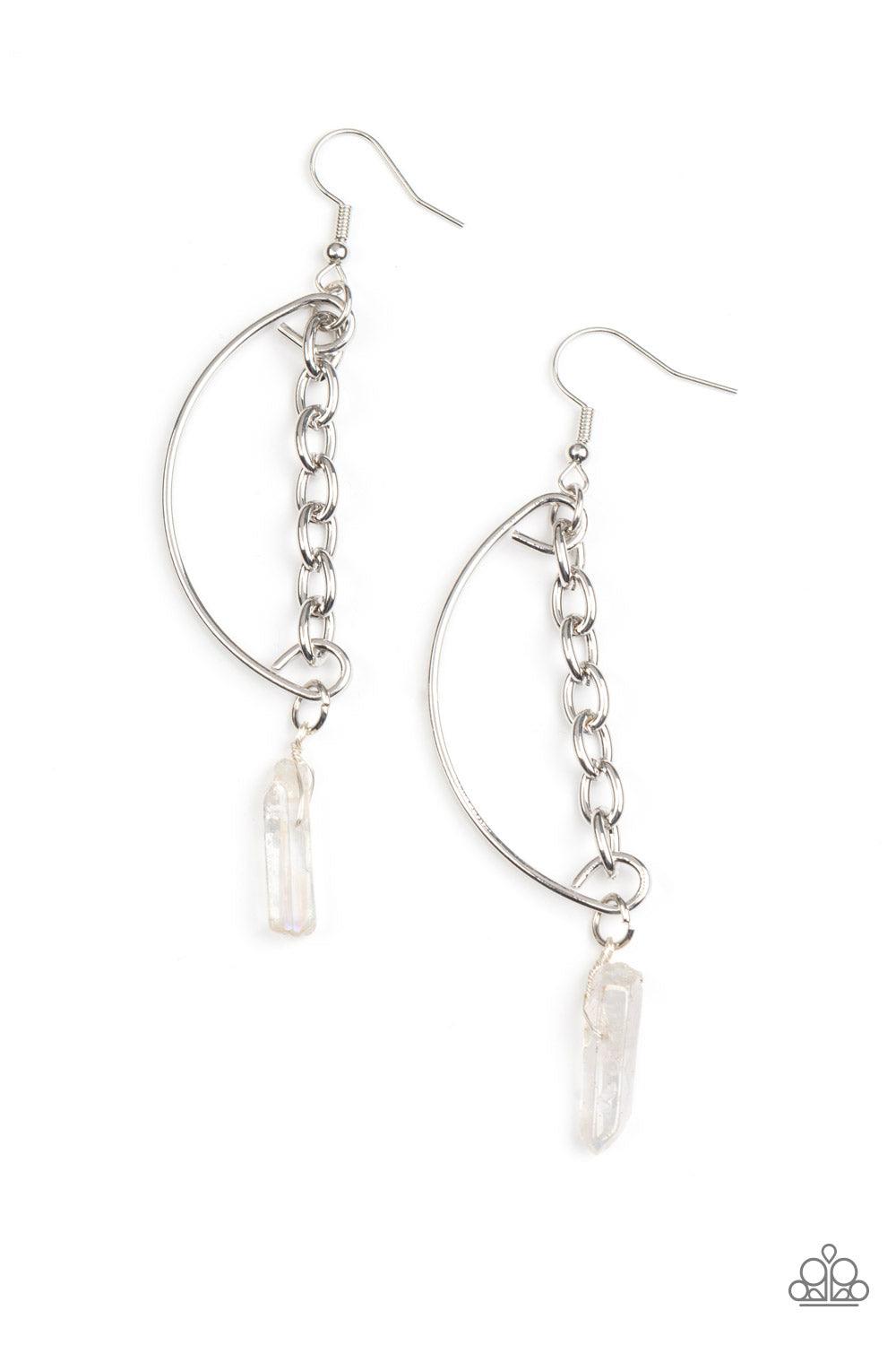 Paparazzi Accessories Yin to My Yang - White Featuring an iridescent finish, a glassy crystal-like bead swings from the bottom of a solitaire silver chain that attaches to a bowing silver bar for an edgy look. Earring attaches to a standard fishhook fitti
