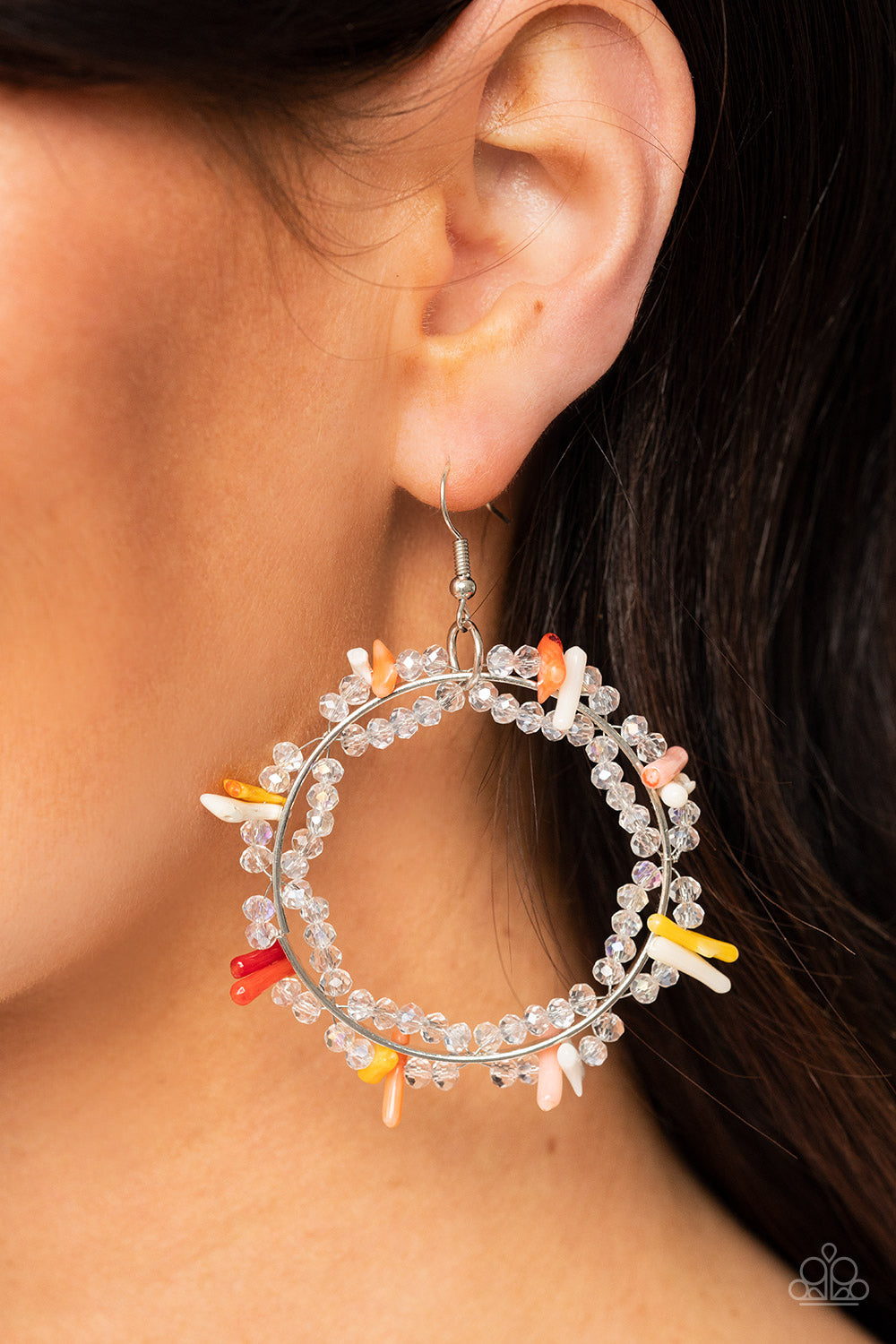 Paparazzi Accessories Ocean Surf - Multi Dainty crystal-like beads and multicolored shell-like pieces are threaded along dainty wires, creating glitzy loops around an oversized silver ring for a beach inspired fashion. Earring attaches to a standard fishh