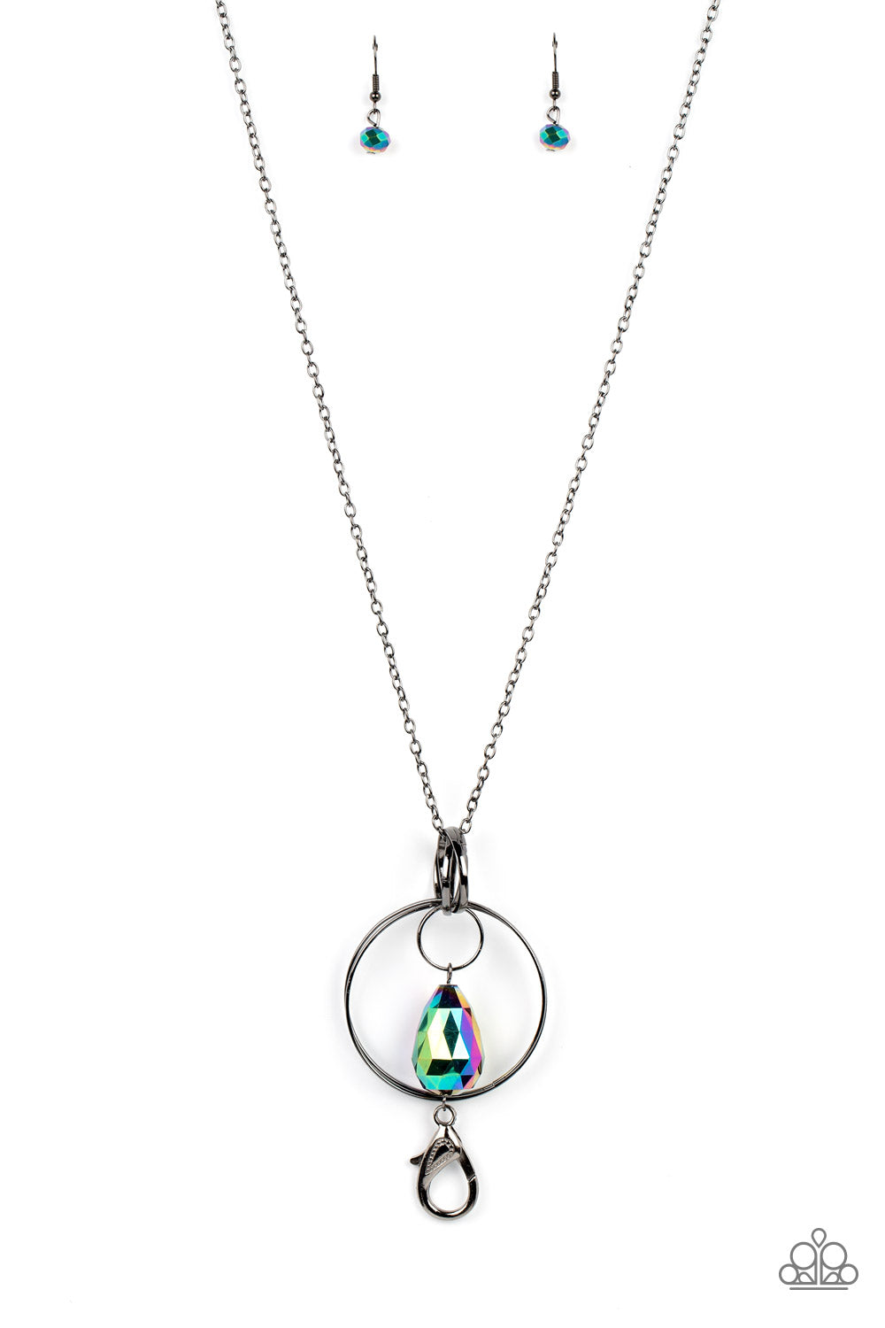 Paparazzi Accessories Swinging Shimmer - Multi *Lanyard Featuring an oversized faceted teardrop coated in a reflective oil spill finish, the teardrop swings from a mismatched collection of interconnected gunmetal rings at the bottom of an extended gunmeta