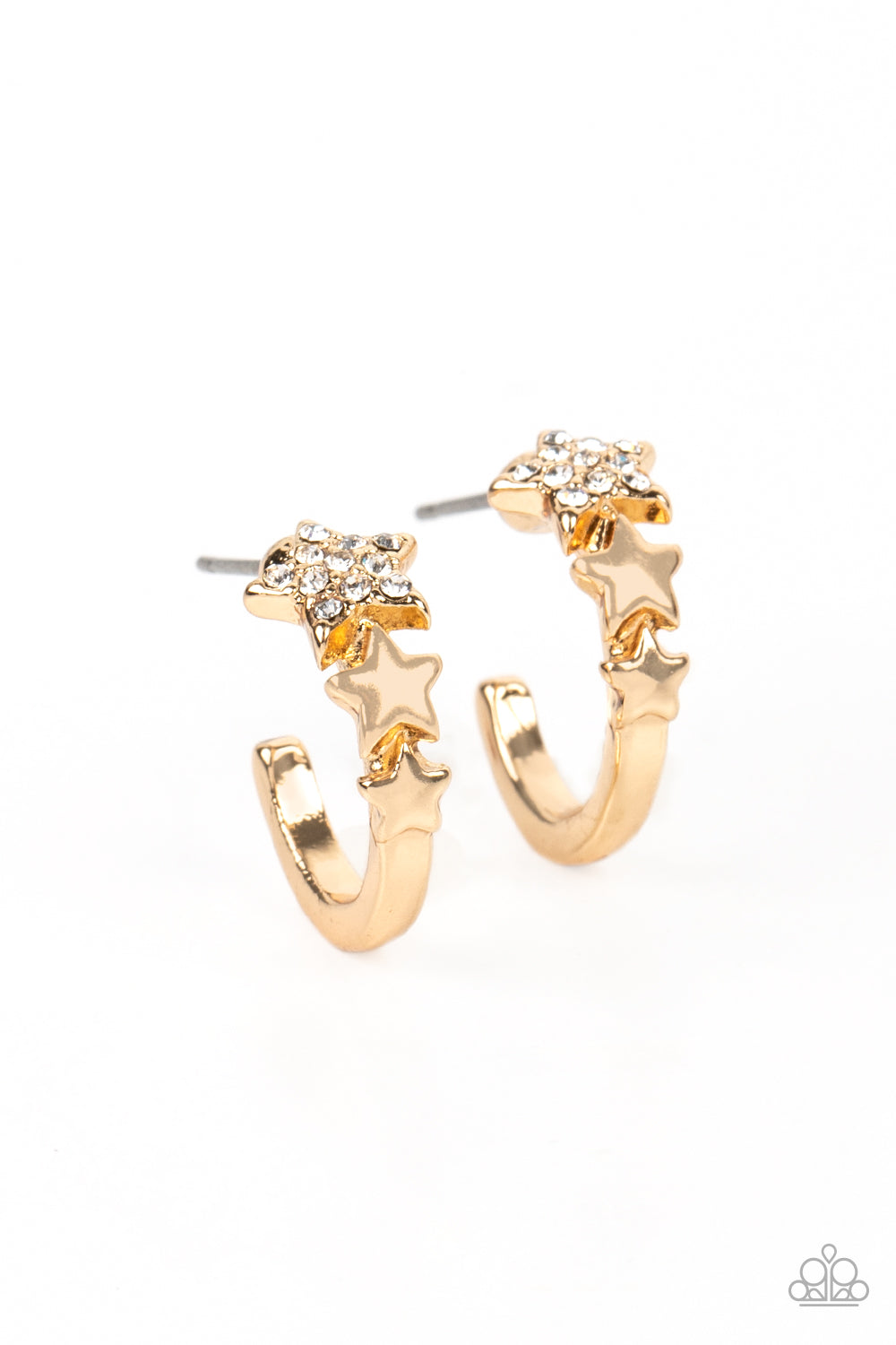 Paparazzi Accessories Starfish Showpiece - Gold A shiny gold bar curls around the ear into a dainty hoop. Three gold stars gradually increase in size as they climb the curve of the hoop, with the biggest star emblazoned with white crystal-like rhinestones