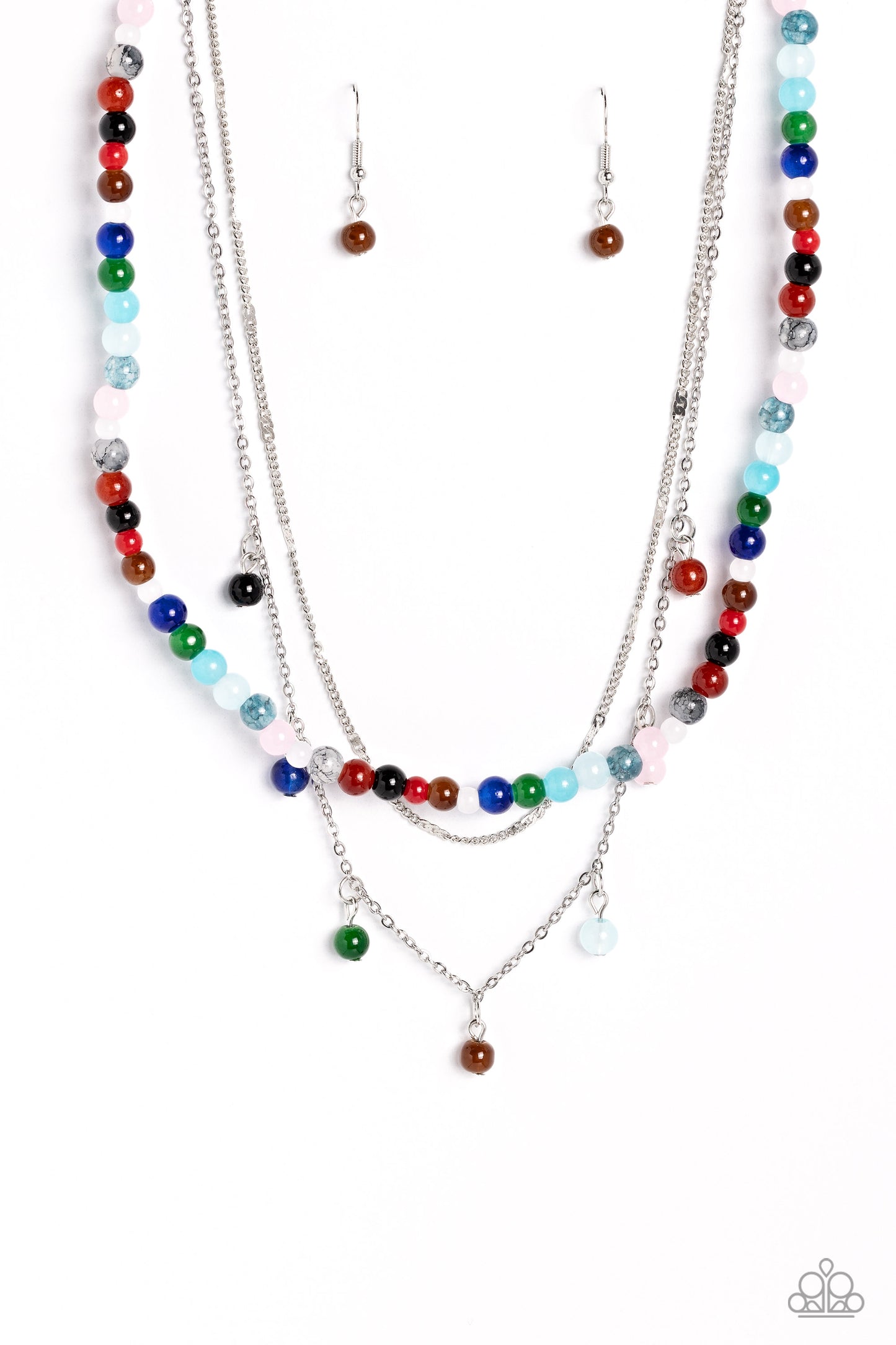 Paparazzi Accessories BEAD All About It - Multi A strand of multicolored stone beads is paired with two strands of classic silver chain, creating effortless layers along the neckline. One of the silver chains is dotted with sections of flattened silver ba