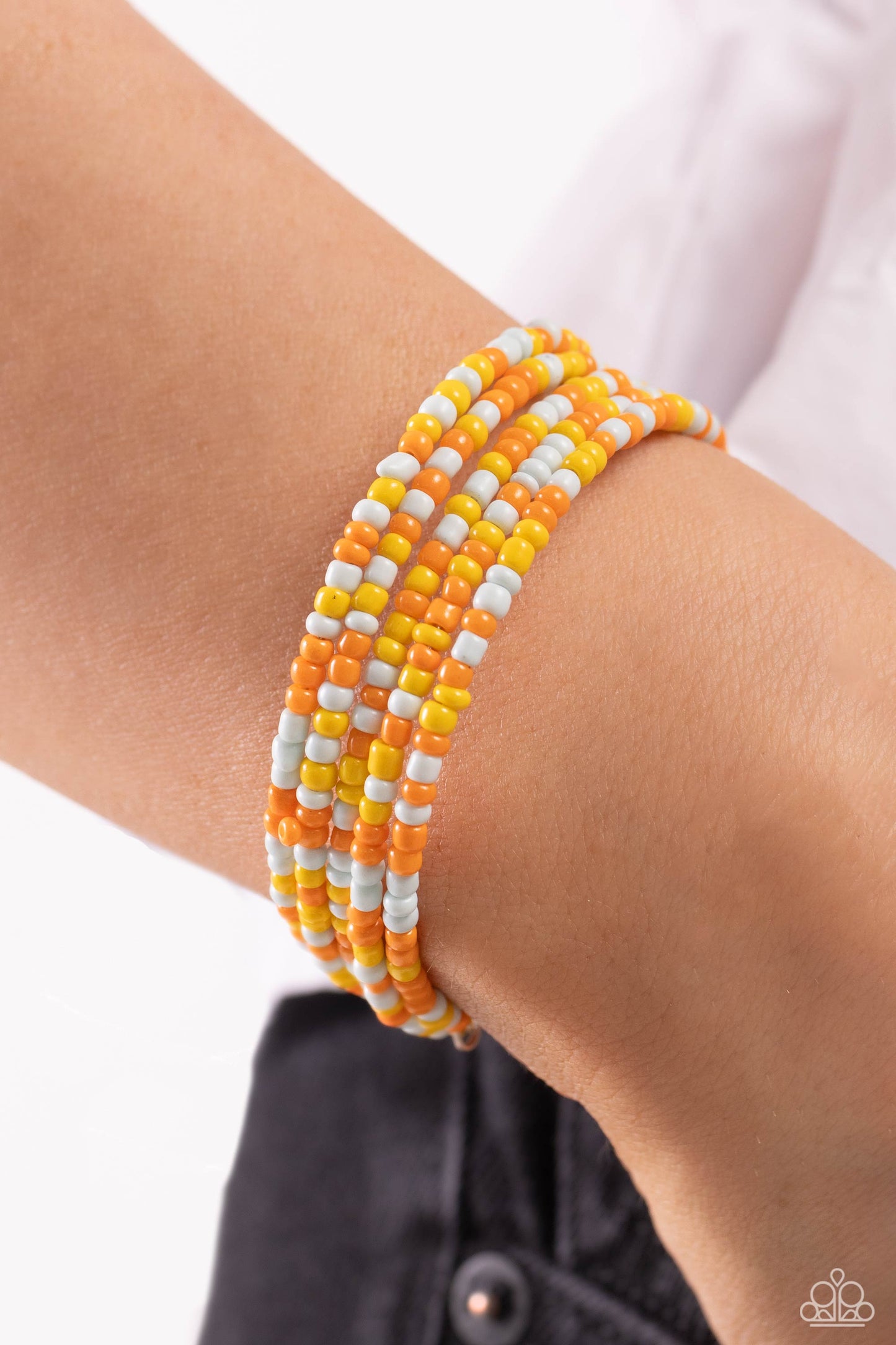 Paparazzi Accessories Coiled Candy - Yellow Row after row of yellow, orange, peach, and light blue seed beads coil around the wrist, creating a charismatic infinity wrap style bracelet. Sold as one individual bracelet Jewelry
