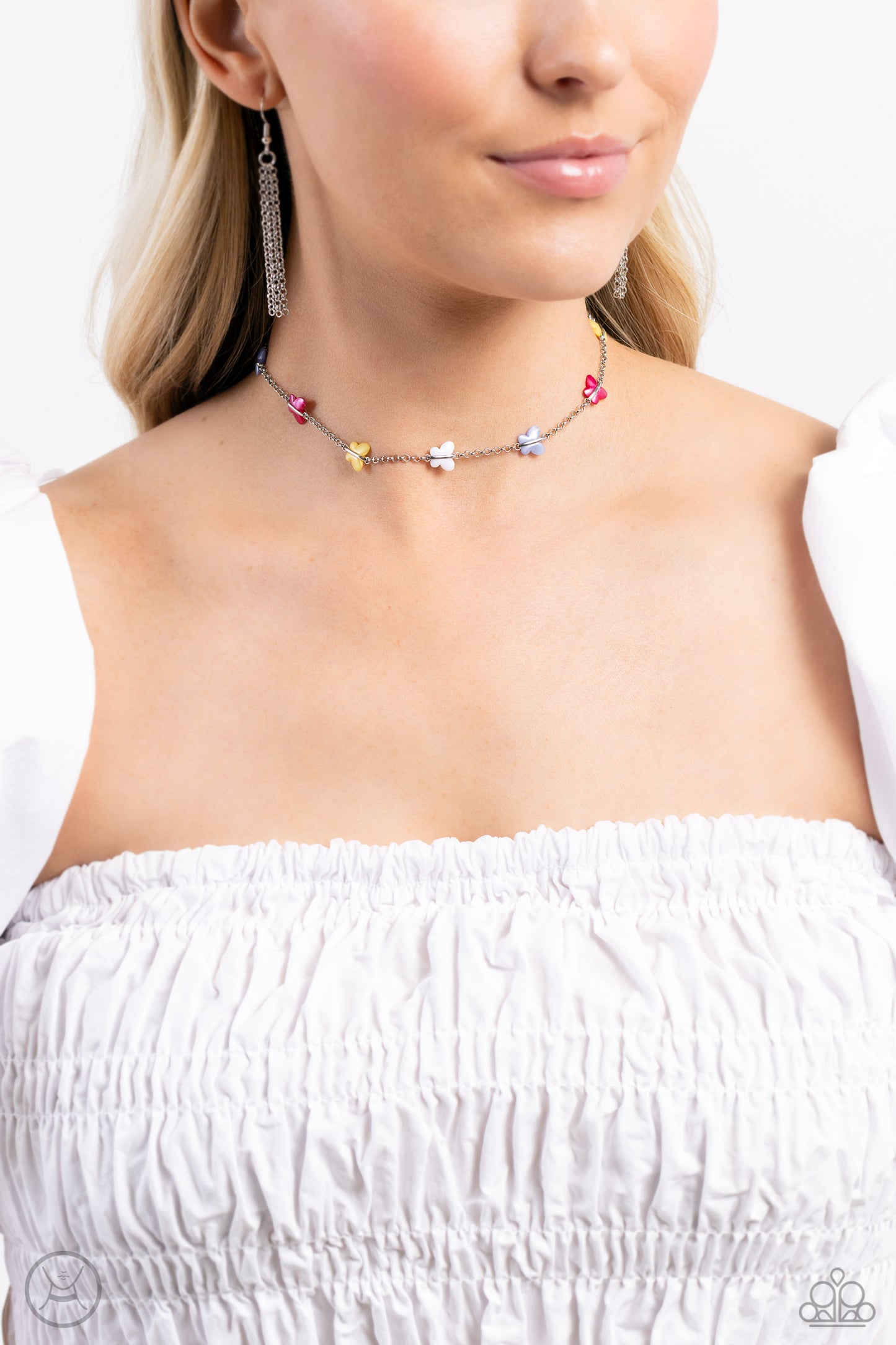 Paparazzi Accessories FLYING in Wait - Multi Infused along a row of dainty silver chain, a collection of blue, white, Primrose, and pink butterflies coalesces around the neckline for a whimsical finish. Features an adjustable clasp closure. Sold as one in