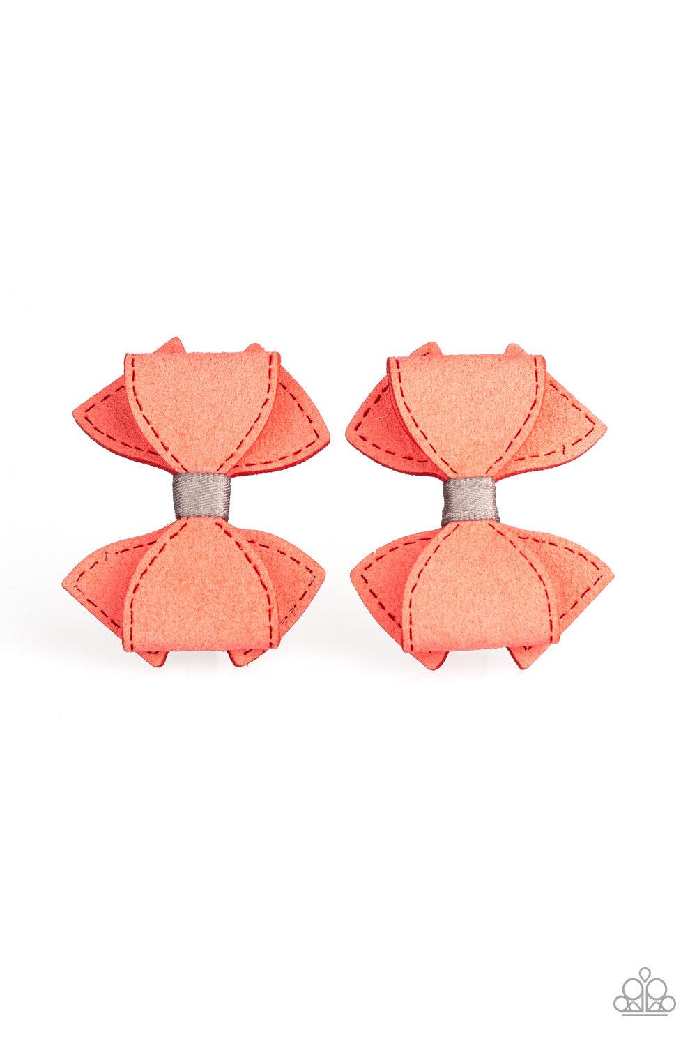 Paparazzi Accessories Boots And Bows - Orange Infused with gray ribbon, coral suede delicately knots into a pair of dainty bows. Features a standard hair clip on the back. Hair Accessories