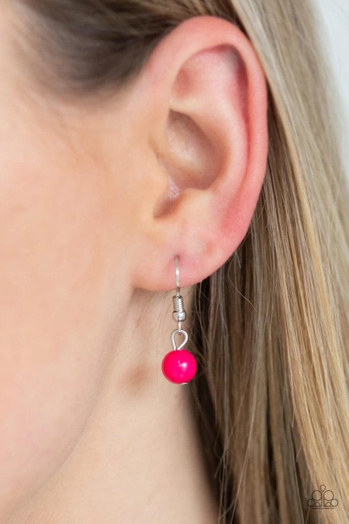 Paparazzi Accessories The Bride to BEAD - Pink Varying in size, a collection of vivacious pink and shiny silver beads swing from the bottom of interlocking silver chains below the collar. A row of glassy white rhinestones are sprinkled along the colorful