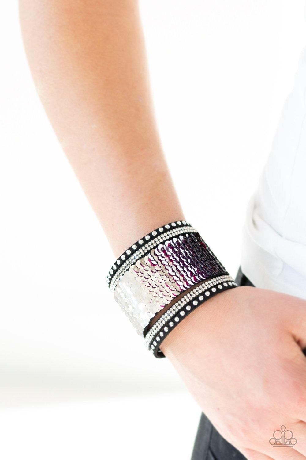 Paparazzi Accessories MERMAIDS Have More Fun - Pink Shiny silver studs, glassy white rhinestones, and shimmering sequins are sprinkled across a thick gray suede band that has been spliced into five glittery rows. Bracelet features reversible sequins that