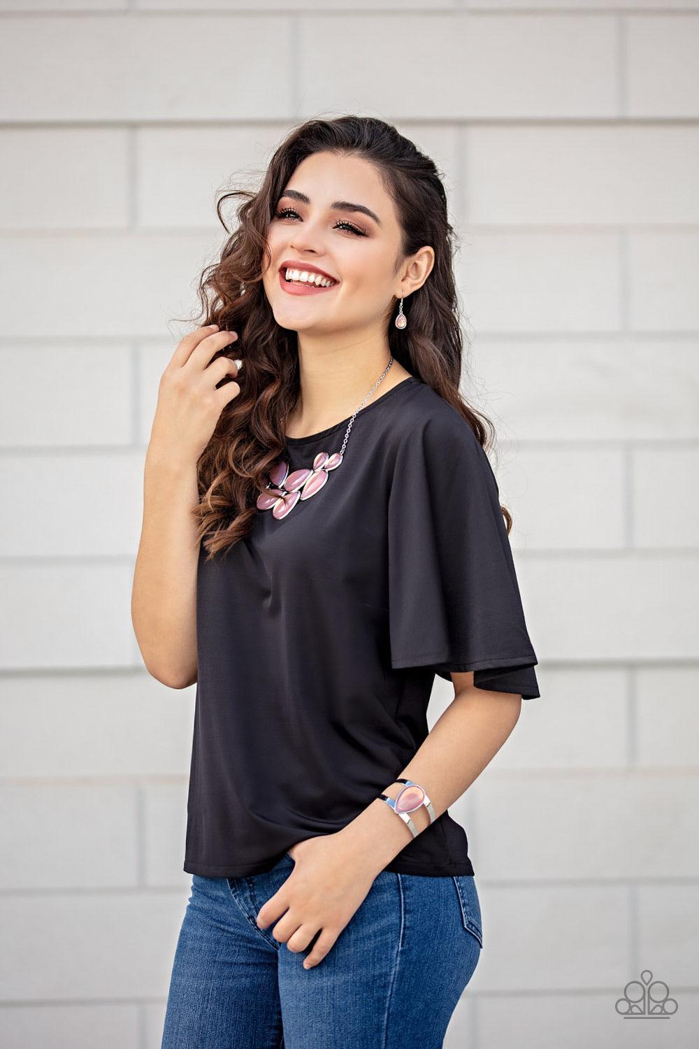 Paparazzi Accessories Iridescently Irresistible - Pink Sleek silver frames encase opalescent pink teardrops that cluster together to create a bubbly statement piece. Features an adjustable clasp closure. Sold as one individual necklace. Includes one pair