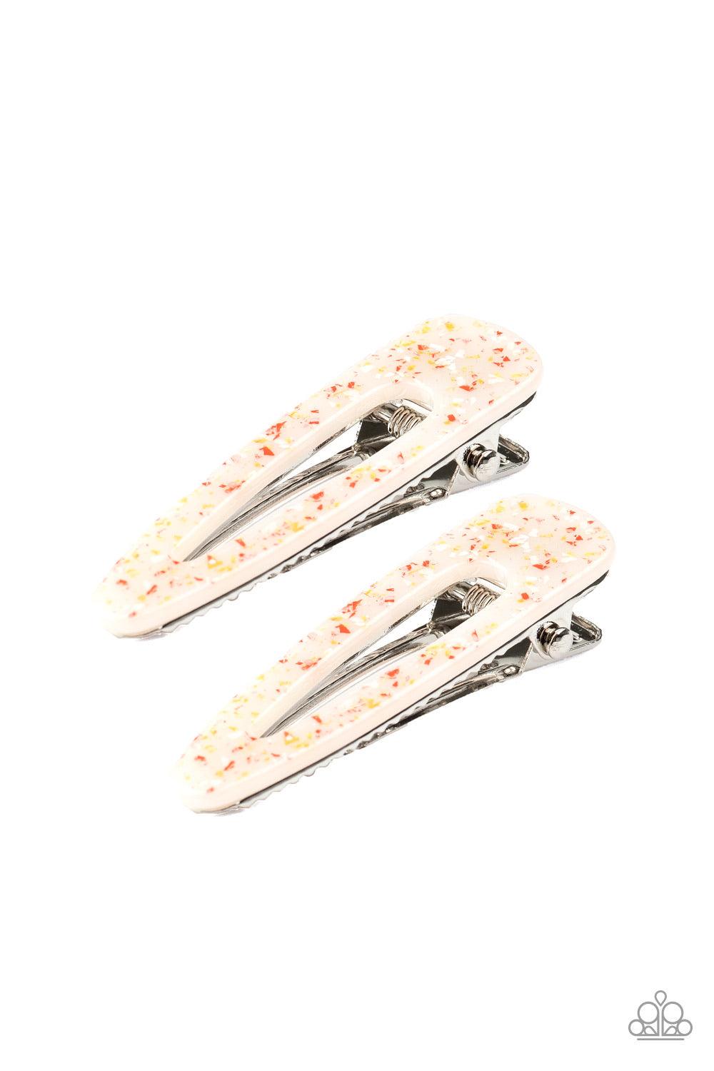 Paparazzi Accessories A CLIP Off The Old Block - Multi 1 Featuring a speckled pattern, a pair of colorful acrylic hair clips pull back the hair for a retro inspired look. Features standard hair clips. Hair Accessories
