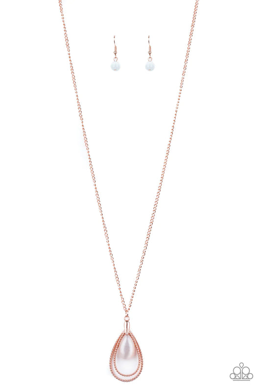 Paparazzi Accessories Teardrop Tranquility - Copper Studded shiny copper teardrops swing from the bottom of a shiny copper chain. A glowing cat's eye stone attaches to the innermost frame, creating a whimsical pendant. Features an adjustable clasp closure