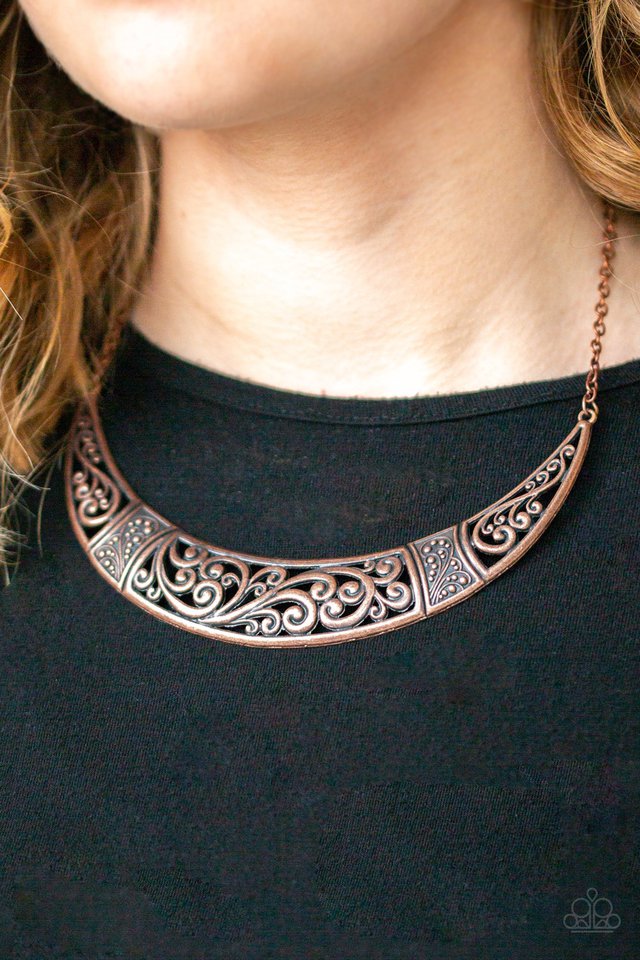Paparazzi Accessories Bull In A China Shop - Copper Swirling with ornate filigree filled detail, a shimmery copper crescent plate swings below the collar for a fierce look. Features an adjustable clasp closure. Jewelry