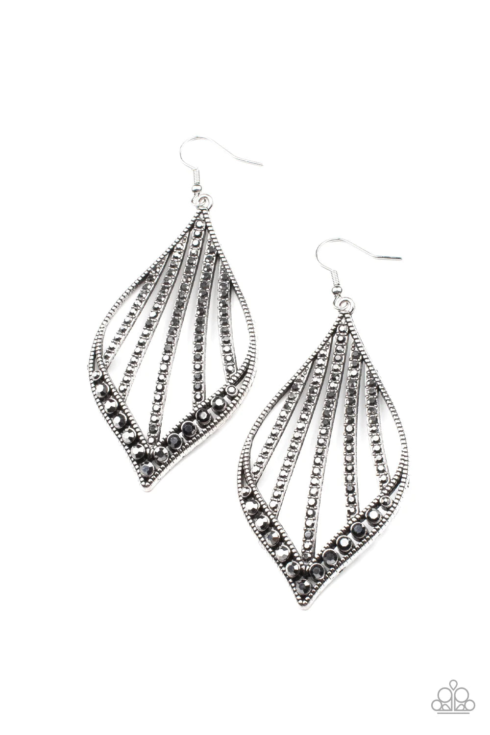 Paparazzi Accessories Showcase Sparkle - Silver Curved rows of smoky hematite rhinestones streak across the center of a studded marquise shaped silver frame. The bottom of the frame is encrusted in matching hematite rhinestones, creating a dramatic center