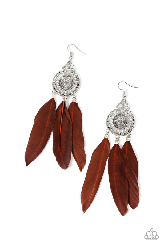 Paparazzi Accessories Pretty in Plumes - Brown Three brown feathers swing from the bottom of a dizzying silver frame featuring airy filigree detail, resulting in a flirtatiously colorful fringe. Earring attaches to a standard fishhook fitting. Sold as one