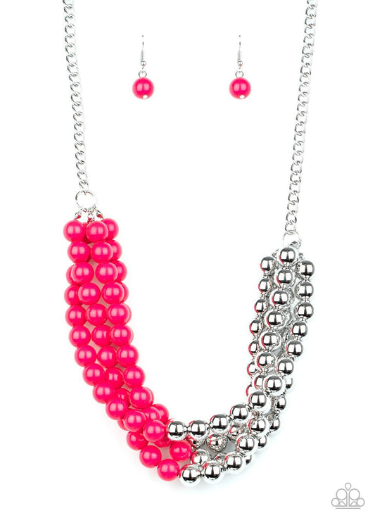 Paparazzi Accessories Layer After Layer - Pink Featuring half silver and half pink beads, a colorful collision of beads layer below the collar for a powerful pop of color. Features an adjustable clasp closure. Sold as one individual necklace. Includes one