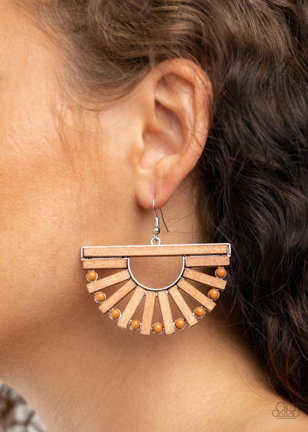 Paparazzi Accessories Wooden Wonderland - Brown Wooden rectangular frames and dainty brown beads alternate along an airy silver frame, coalescing into a radiant crescent for an earthy flair. Earring attaches to a standard fishhook fitting. Sold as one pai