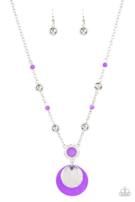 Paparazzi Accessories SEA The Sights - Purple A dainty collection of ornate silver beads and purple stone beads dot a dainty silver chain, giving way to a hammered silver ring featuring a shell-like center. A hammered silver disc and purple shell-like dis