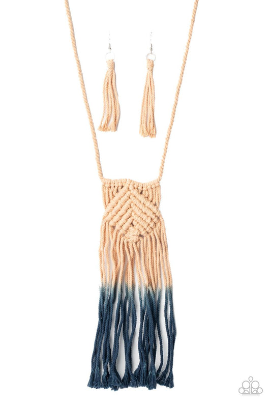 Paparazzi Accessories Look At MACRAME Now - Blue Fading from tan to Blue Depths, colorful twine-like cording delicately knots and weaves into a tasseled macramé inspired pendant across the chest. Features an adjustable sliding knot closure. Sold as one in