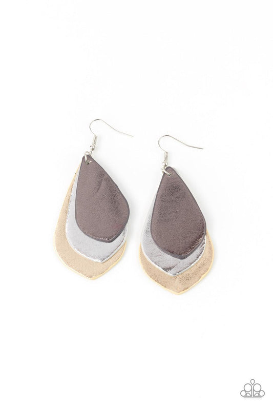 Paparazzi Accessories GLISTEN Up! - Silver Featuring a metallic shimmer, gray, silver, and golden leather teardrop frames layer into a shimmery stacked lure. Earring attaches to a standard fishhook fitting. Sold as one pair of earrings. Jewelry