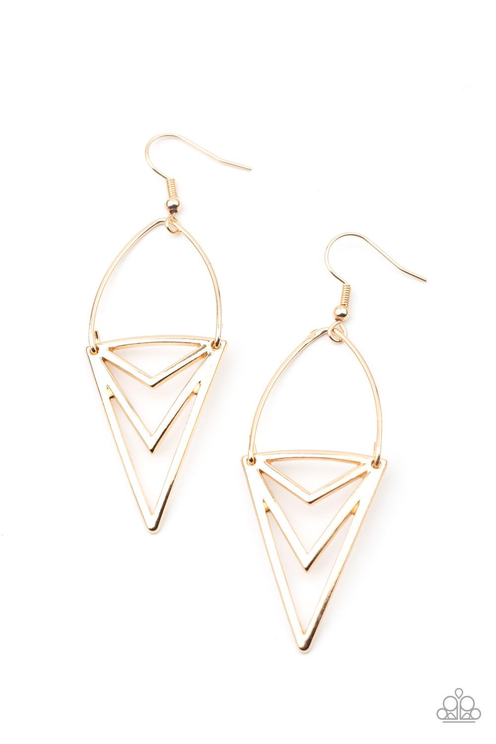 Paparazzi Accessories Proceed With Caution - Gold Attached to a dainty gold wire fitting, an edgy triangular frame swings from the ear for a bold tribal look. Earring attaches to a standard fishhook fitting. Sold as one pair of earrings. Jewelry