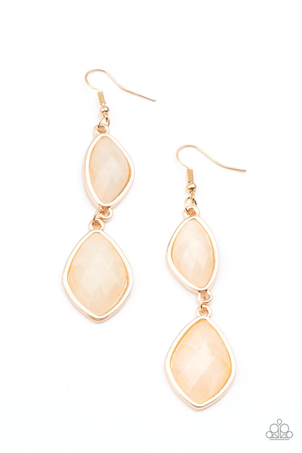 Paparazzi Accessories The Oracle Has Spoken - Gold Featuring shimmery faceted surfaces, cloudy faux stone beads are pressed into sleek gold frames that link into a whimsically refined lure. Earring attaches to a standard fishhook fitting. Sold as one pair