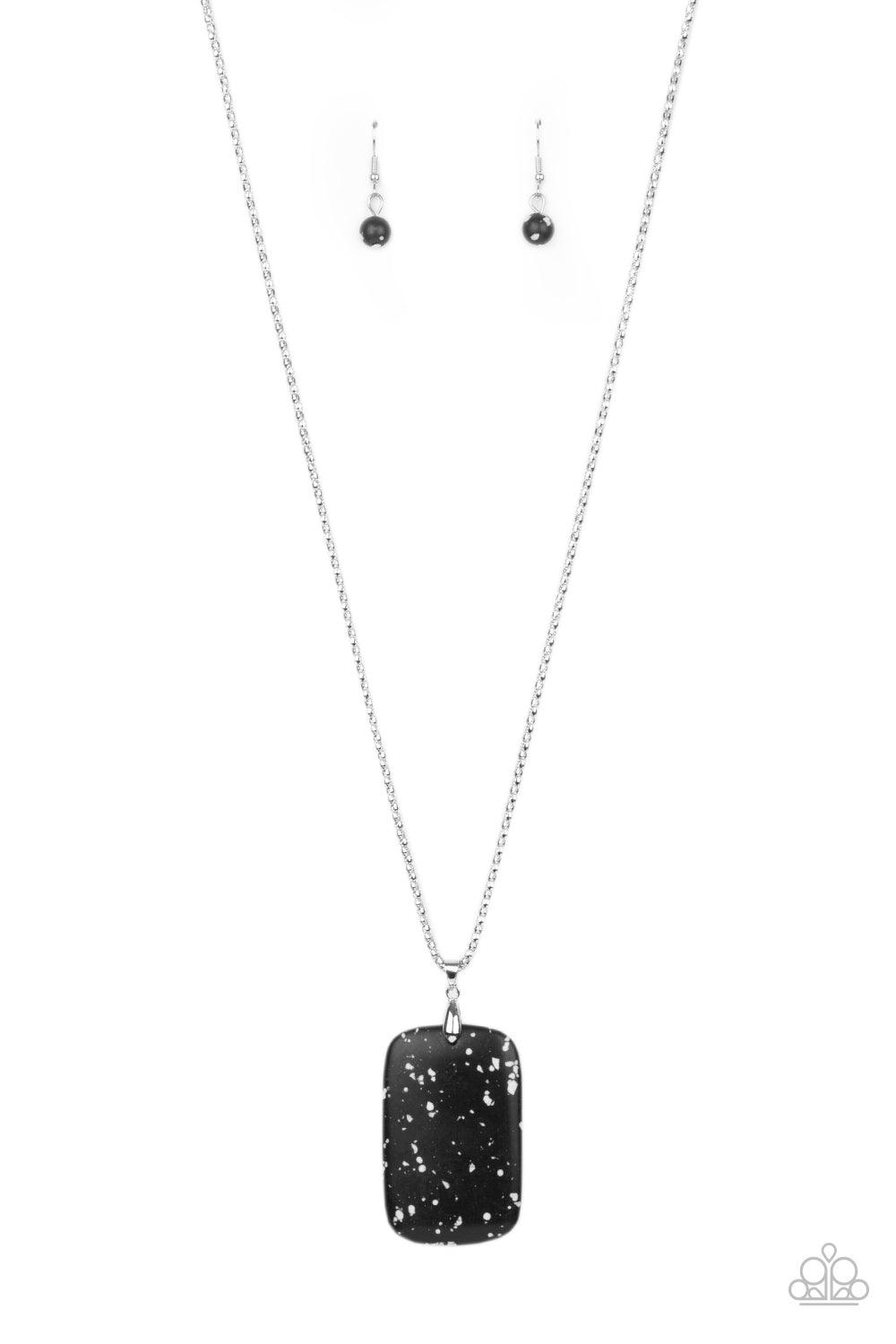 Paparazzi Accessories Fundamentally Funky - Black A speckled black stone pendant swings from the bottom of a lengthened silver popcorn chain in a colorfully earthy fashion. Features an adjustable clasp closure. Sold as one individual necklace. Includes on