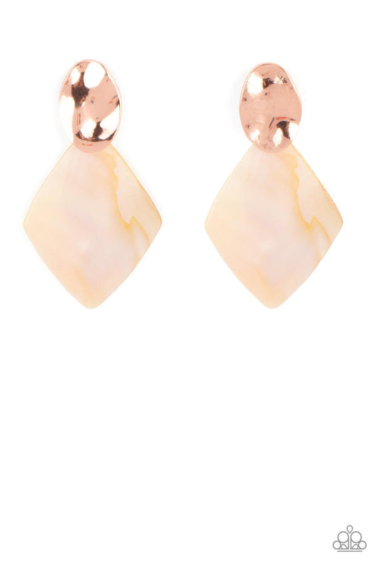 Paparazzi Accessories Alluringly Lustrous - Copper An iridescent shell-like frame attaches to the bottom of a hammered shiny copper oval, creating a refined centerpiece. Earring attaches to a standard post fitting. Sold as one pair of post earrings. Jewel