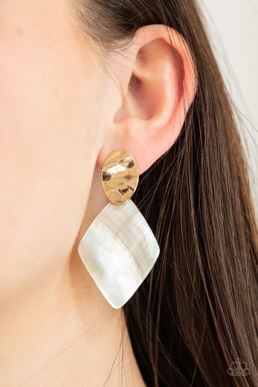 Paparazzi Accessories Alluringly Lustrous - Gold An iridescent shell-like frame attaches to the bottom of a hammered shiny gold oval, creating a refined centerpiece. Earring attaches to a standard post fitting. Sold as one pair of post earrings. Jewelry