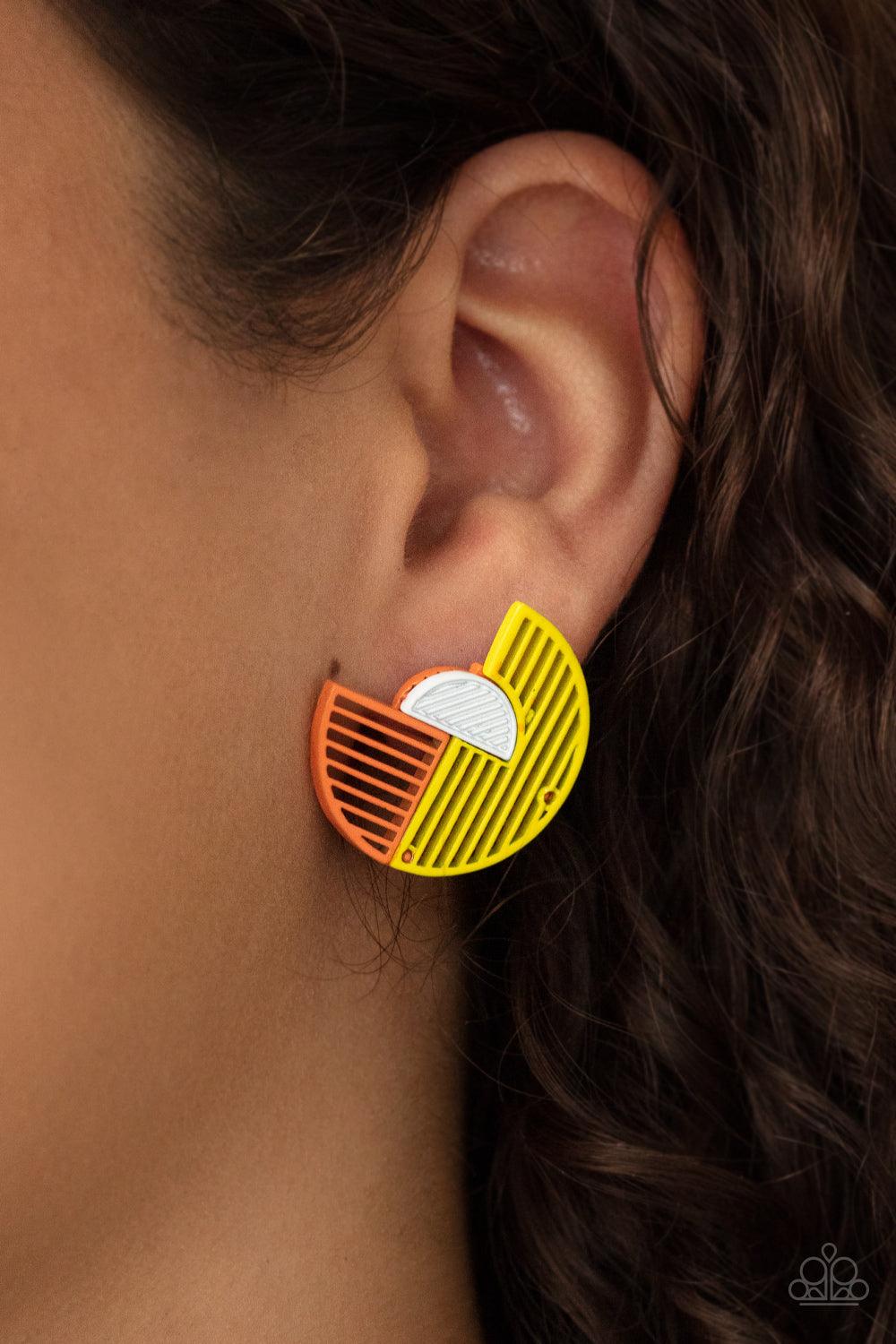 Paparazzi Accessories It’s Just an Expression - Yellow Featuring airy stenciled linear patterns, overlapping yellow and orange crescent shaped frames gather around a dainty white crescent frame, creating a modern display. Earring attaches to a standard po
