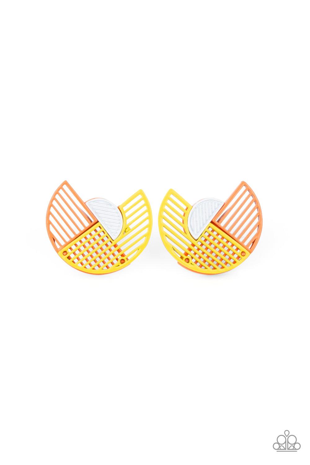 Paparazzi Accessories It’s Just an Expression - Yellow Featuring airy stenciled linear patterns, overlapping yellow and orange crescent shaped frames gather around a dainty white crescent frame, creating a modern display. Earring attaches to a standard po