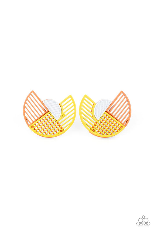Paparazzi Accessories It’s Just an Expression - Yellow Featuring airy stenciled linear patterns, overlapping yellow and orange crescent shaped frames gather around a dainty white crescent frame, creating a modern display. Earring attaches to a standard po