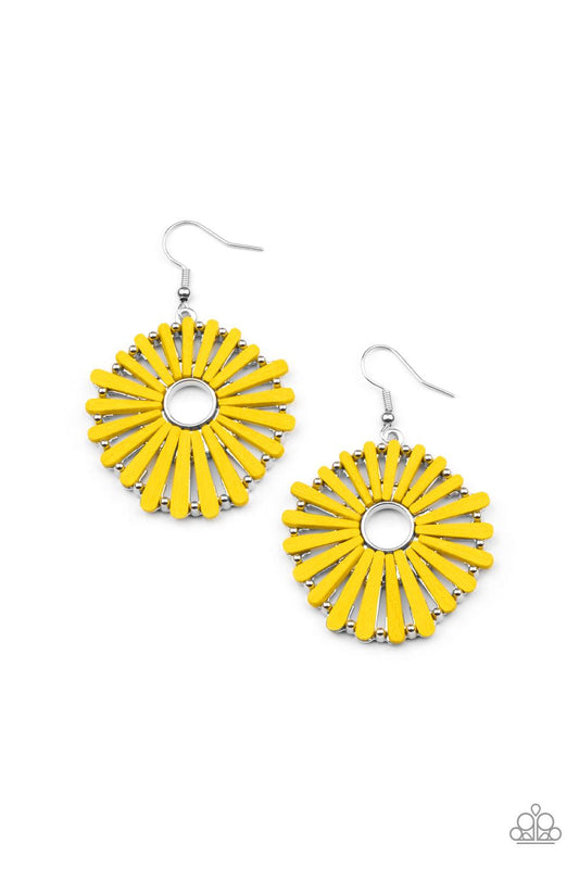 Paparazzi Accessories SPOKE Too Soon - Yellow Painted in a sunny yellow finish, petal-like wooden frames asymmetrically flare out from an airy silver center, creating a rustic floral display. Earring attaches to a standard fishhook fitting. Sold as one pa