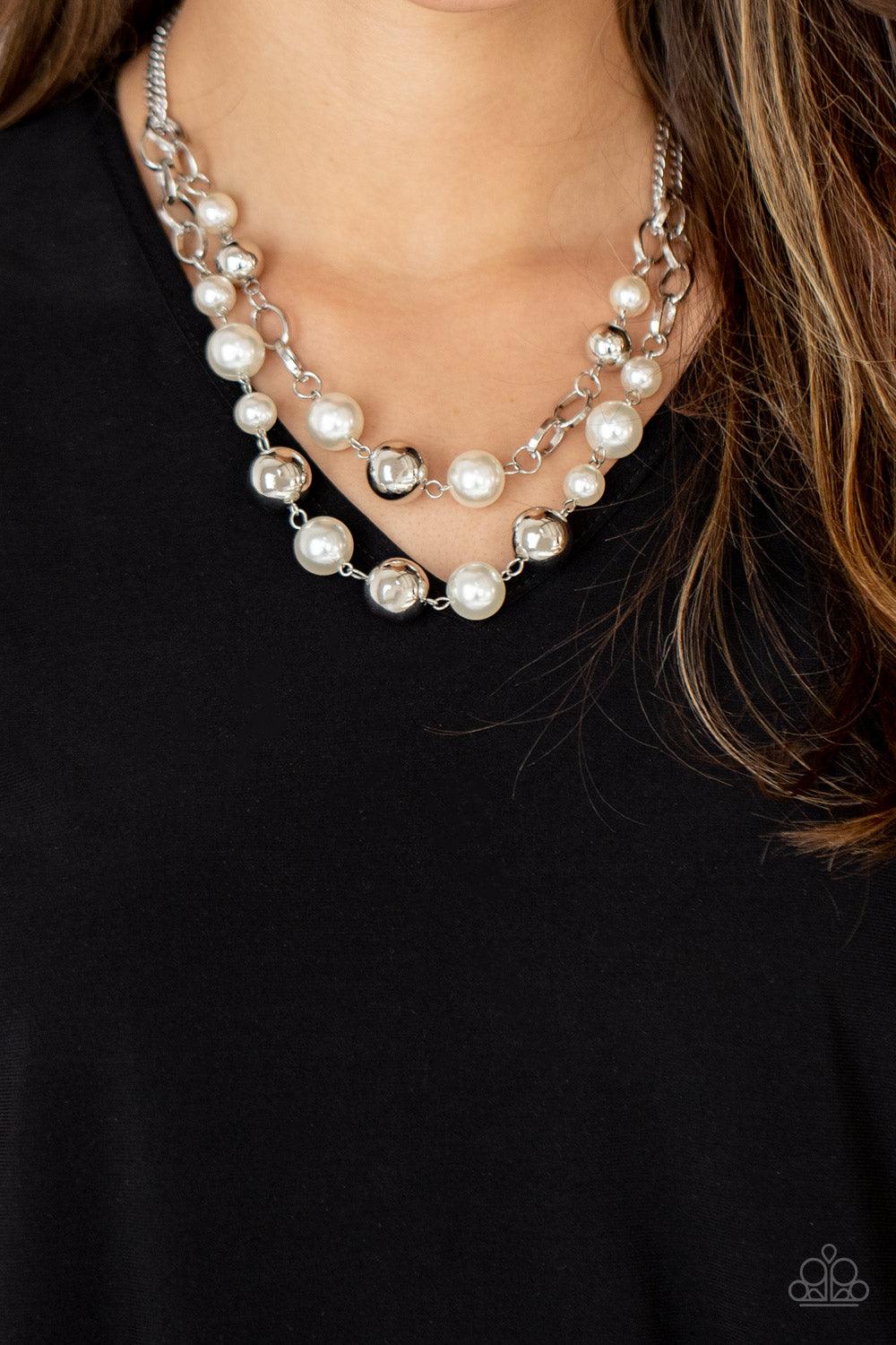 Paparazzi Accessories COUNTESS Your Blessings - White Sections of oversized silver chains, white pearls, and shiny silver beads haphazardly link into two timeless layers below the collar, creating a dramatically refined display. Features an adjustable cla