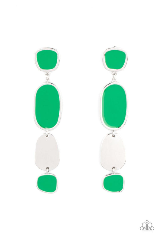 Paparazzi Accessories All Out Allure - Green Painted in a shiny Mint finish, asymmetrical frames attach to a single silver frame, creating an abstract lure. Earring attaches to a standard post fitting. Sold as one pair of post earrings. Jewelry