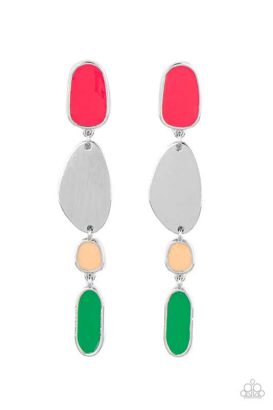 Paparazzi Accessories Deco By Design - Multi Painted in shiny Raspberry Sorbet, Desert Mist, and Mint finishes, a collection of asymmetrical frames link with a glistening silver frame, creating an abstract lure. Earring attaches to a standard post fitting
