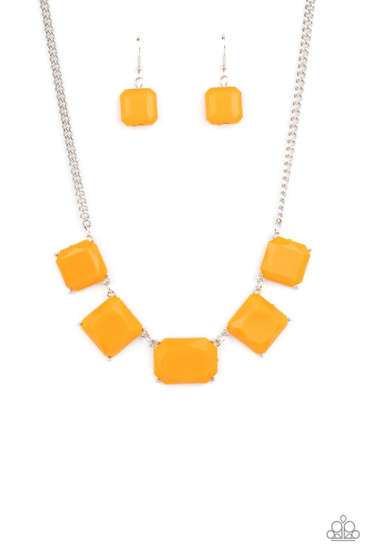 Paparazzi Accessories Instant Mood Booster - Orange Varying in shape, faceted Marigold acrylic frames delicately link below the collar, creating a vivacious display. Features an adjustable clasp closure. Sold as one individual necklace. Includes one pair