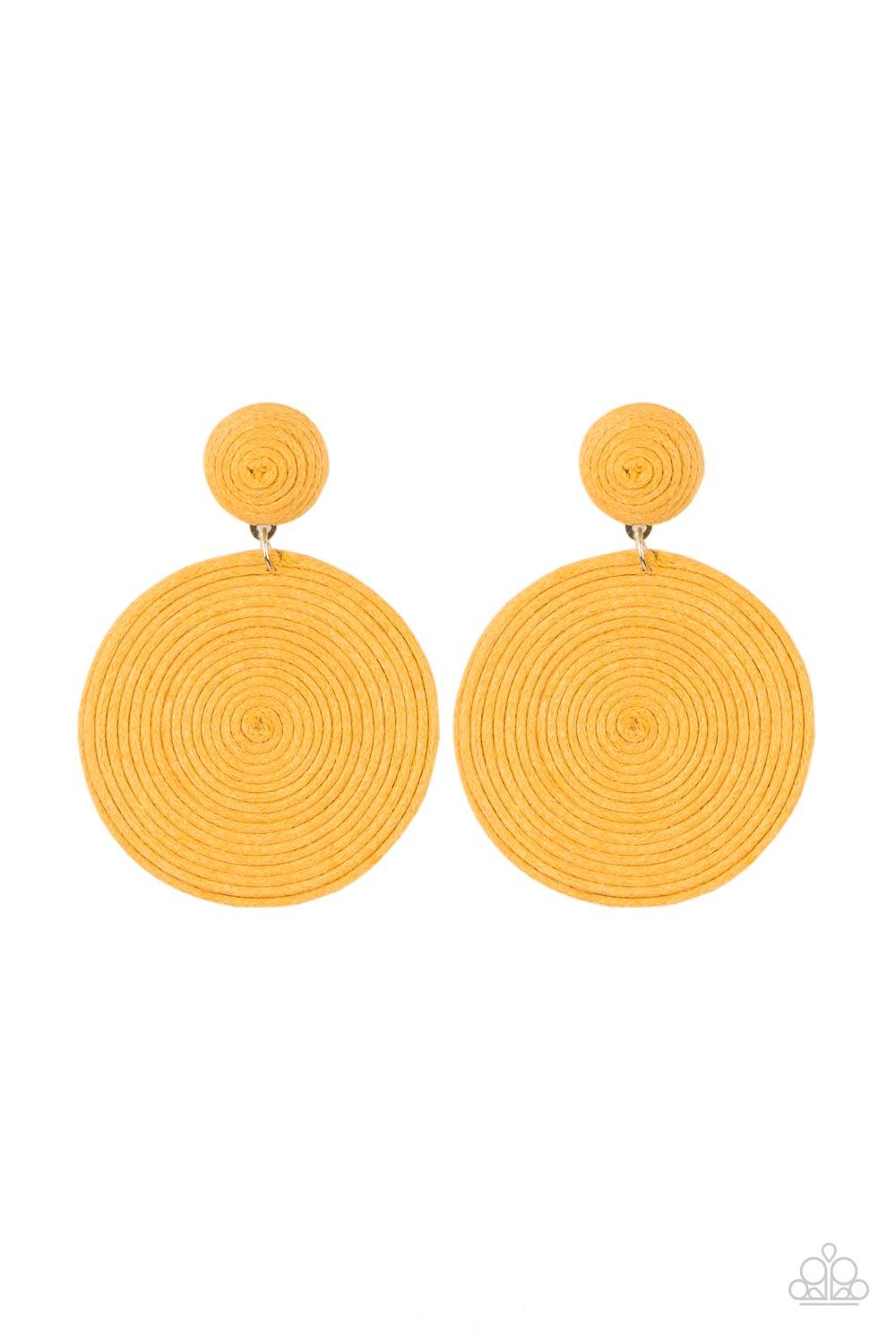 Paparazzi Accessories Circulate The Room - Yellow A generous disc of yellow thread spirals around and around for a dizzying finish as it connects to a yellow threaded button post. Earring attaches to a standard post fitting. Sold as one pair of post earri