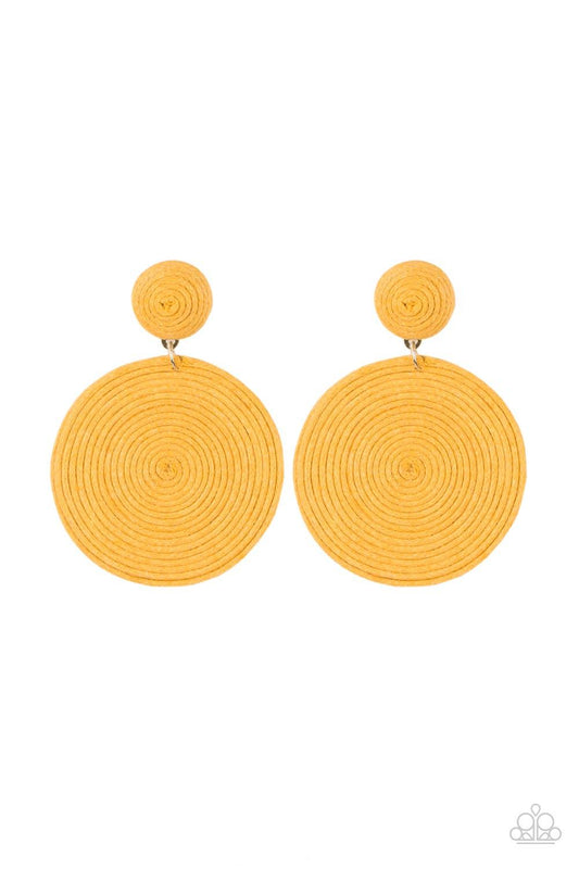 Paparazzi Accessories Circulate The Room - Yellow A generous disc of yellow thread spirals around and around for a dizzying finish as it connects to a yellow threaded button post. Earring attaches to a standard post fitting. Sold as one pair of post earri