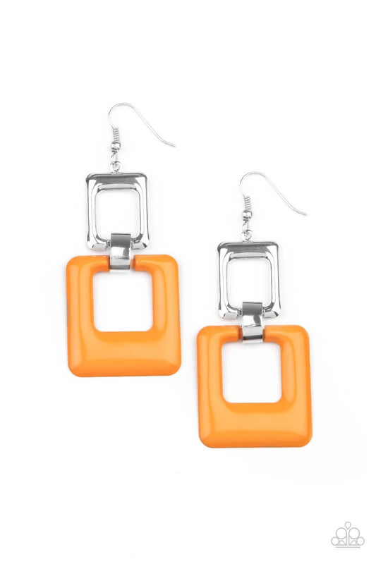 Paparazzi Accessories Twice As Nice - Orange A cutout square painted in the bold Pantone® of Marigold sways from a shiny silver cutout square for a playful finish. Earring attaches to a standard fishhook fitting. Sold as one pair of earrings. Jewelry