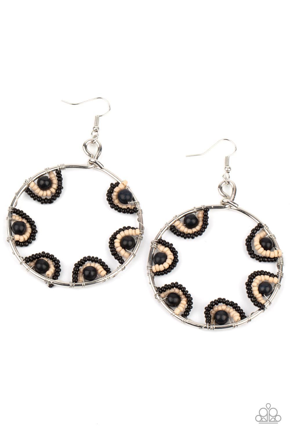 Paparazzi Accessories Off The Rim - Black Black and Iced Coffee seed beads are threaded on wire and looped over black stones on the inside of a spacious silver hoop. The pattern makes its way around the inside of the circle for an around-the-world air. Ea