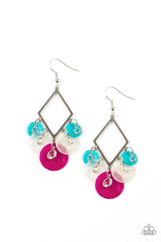 Paparazzi Accessories Pomp And Circumstance - Multi Gradually increasing in size, a glimmering collection of glassy white rhinestones and vivacious pink, blue, and white shell-like discs cascade from the bottom of a diamond shaped silver frame, creating a