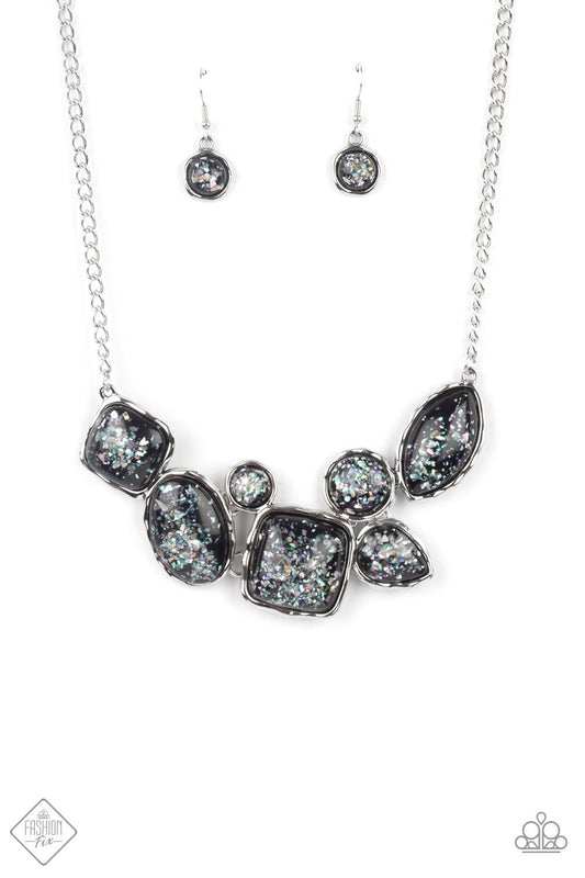 Paparazzi Accessories So Jelly - Black Flecks of iridescent shell-like pieces are encased in glassy black beads. Featuring hammered silver frames, the mismatched frames delicately cluster below the collar for a bubbly ethereal fashion. Features an adjusta