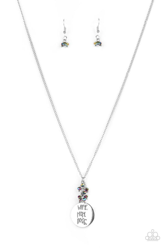 Paparazzi Accessories Words To Live By - Multi A silver disc inscribed with the words, "Wife. Mom. Boss." creates a stylish namesake as it falls from a lengthened silver chain. A sprinkle of dainty iridescent oil spill beads adds a decorative fringe atop